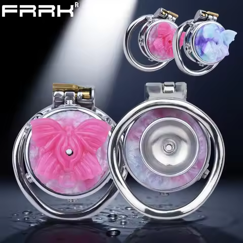 FRRK Sissies Chastity Band Stainless Steel Cock Cage with Silicone Butterfly Urethral Decoration Sex