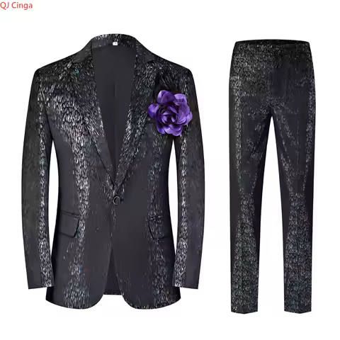 Luxurious Black 2-piece Men's Suit Featuring A Tuxedo Jacket and Pants with Gold Speckled Detailing,