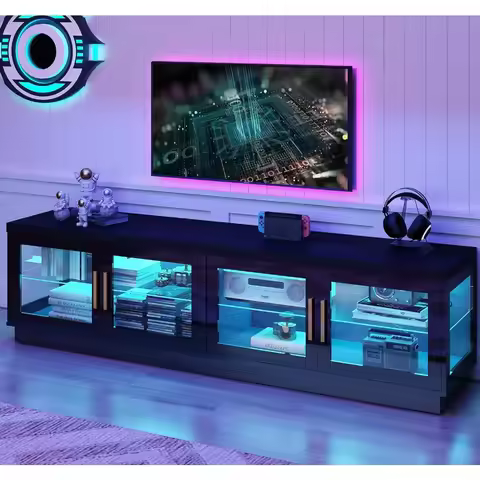 High Glossy Modern Black LED TV Stand for 85/80/75 Inch TV 71 Inch Entertainment Stand for Living Ro