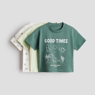 H&M 3-Piece Cotton T-Shirt Green/Good Times With Buttons At The Neck Size 4-6 /6-9