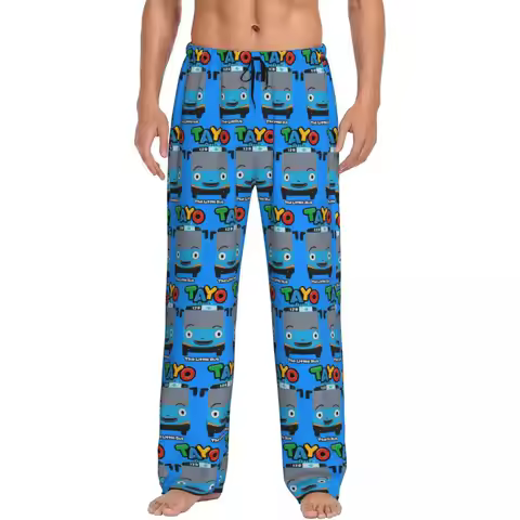 Custom Tayo The Little Bus Pajama Pants Men Sleepwear Sleep Lounge Bottoms with Pockets