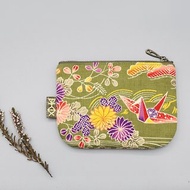 平安小樂包-和風翠綠花朵,雙面雙色日本棉麻小錢包
