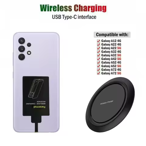 Wireless Charger PAD+Type-c Qi 5W Receiver RZ01 For Samsung Galaxy A12 A22 A32 A51 A52 A72 5G A528 P