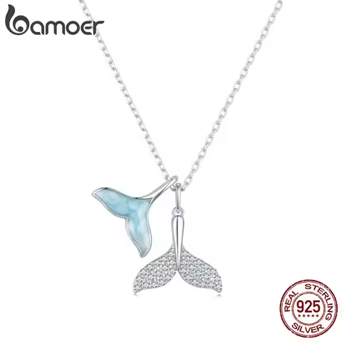 Bamoer 925 Sterling Silver Sky Blue Enamel Whale Tail Pendant Necklace Double Fish Tail Neck Chain f