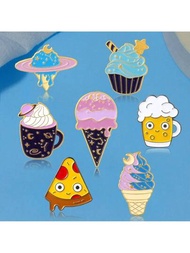 7入組可愛食物系列胸針 創意三明治啤酒杯牛奶牛冰淇淋錐形合金徽章