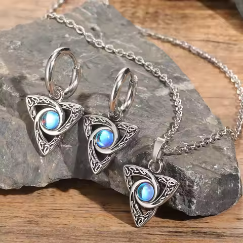 Vnox Vintage Celtic Knot Pendant with Moonstone Inlaid Necklaces for Men Women, Witch Knot Collar Je