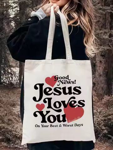 1pcs Vintage Bible Verse Shoulder Bag Suitable For Outdoor Picnic Party Shopping Jesus Loves You Pat