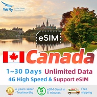 Wefly Canada eSIM 1-30 Days Unlimited 4G Data Daily 500MB/2GB High Speed USA+Canada