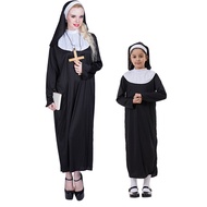 35Girls Lovely Nun Costume Halloween Kids Adult Mother Superior Costumes Black Mary Priest Traditional Nun Outfits Parent-child Party Game Black Wed Family Addams Cosplay Dance Dress