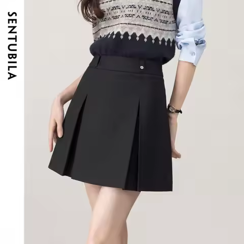 SENTUBILA Women A-line Skirt 2026 Autumn Mid Waist Box Pleats Mini Skirt Petite Hip Cover Slim Daily