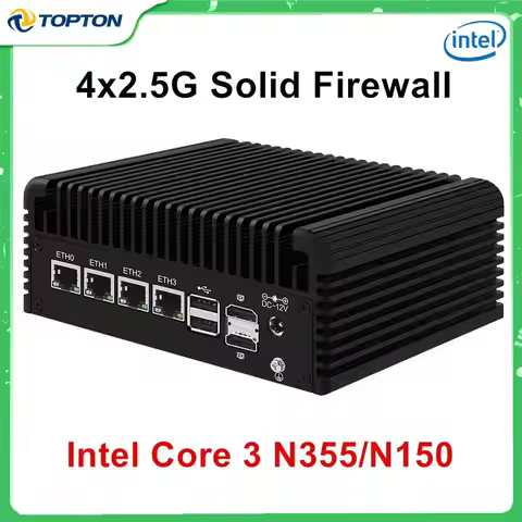 Topton Metal Fanless Mini PC Intel Core 3 N355 N305 N150 N100 4x2.5G LAN Type-C 2*NVMe 2*SATA Firewa
