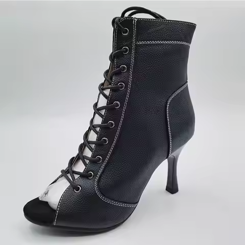 New Big Size Jazz Dance High Heels with Hollow Lace Black heels Dance Shoes Latin Dance Boots Shoes 