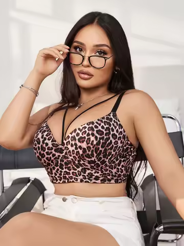Women's Plus Size Underwear Half Cup Gathering Push Up Leopard Print Design Suitable For Plump Women