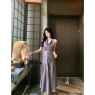 ผู้หญิงฤดูร้อนElegant Lightสีม่วงชุดคอแขวนผ้าไหมเอวด้านในด้านนอก 2-Way Tieเข็มขัดข้อเท้า-ความยาวชุด