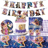 Tangled Rapunzel Long Hair Princess Birthday Tableware Set Happy Birthday Pull Flag Banner Plate Cup