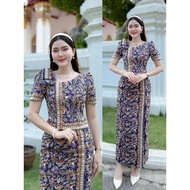 HM-(Whole Set) Navy Blue Batik Dress 2-Piece Set Shirt + Ready-Made Sarong Of Floral Cloth Square Ne