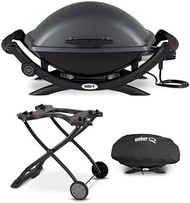 Weber Q 2400 Electric Grill (Black) Bundle with Grill Cover and Cart (3 Items)