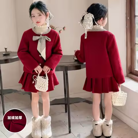 French design14 teen girl skirts suit red Pearl collar Thick velvet coat+pleated skirt 2pcs junior k