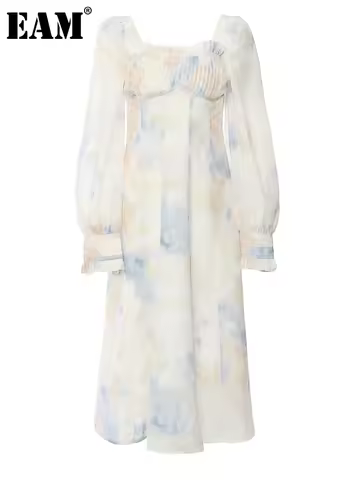 [EAM] Women Pattern Printed Elegant Long Dress New Square Collar Long Puff Sleeve Fashion Tide Sprin