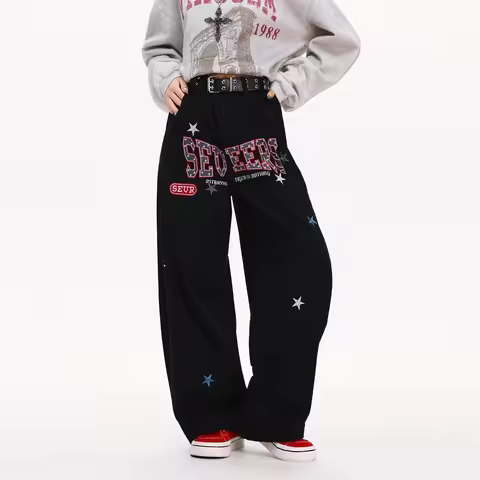 Womens Pants Women Pants Y2k Jeans Baggy Jeans Y2k Wide Pants Stretch Jeans Retro Star Embroidery Lo