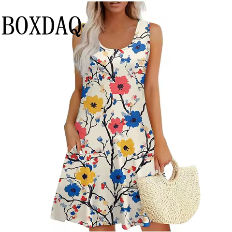 Vintage Floral Pattern Sundresses For Women Summer Casual Tank Flower 3D Print Dress Loose Plus Size