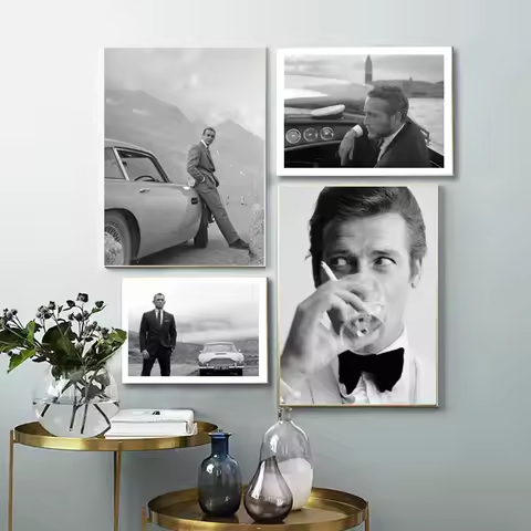 Gentleman Spy Movie 007 Poster Bond Cars Black and White Actor Prints Movie Canvas Painting Wall Art