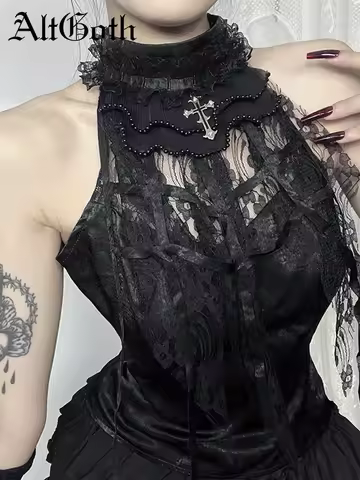 AltGoth Gothic Aesthetic Vest Women Streetwear Vintage Lace Patchwork Halter Crop Tank Tops Elegant 