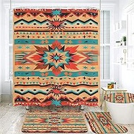 Navajo Southwestern Bathroom Set, 4-Piece with Shower Curtain 71x71, Bath Mat, Contour Rug, Toilet L