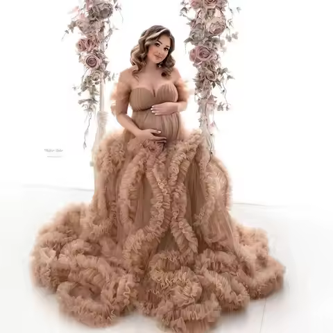 Dream Ruffled Tulle Maternity Dress Pregnancy Woman Photo Shoot Gown Extra Lush Tulle Brown Maternit