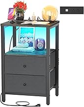 Cyclysio NightStand with Charging Station and LED Lights, Night Stand with 2 Drawers, 25.6'' End Table Bedside Tables with Storage, 3 Tier Tall Night Stand with Storage for Bedroom Living Room, Grey