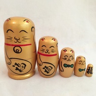 deveodo 5Pcs/Set Nesting Dolls Hand-painted Home Decoration Wood Lucky Cat Matryoshka Gift for Shop 