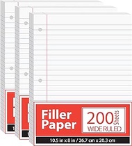 Notebook Paper, Loose Leaf Paper (3 Pack), Wide Ruled Paper, 10.5” x 8”, Filler Paper, 200 Sheets Per Pack, 60 gsm (3 Pack)