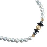 Pre-owned 7.5-8.0mm pearl necklace in 18K yellow gold with pearl and hematite, approximately 81.2g.