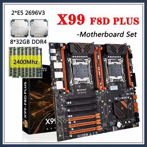HUANANZHI X99 F8D PLUS Motherboard Set Processor LGA 2011-3 With E5 2696V3*2 8*32G=256GB DDR4 2400Mh