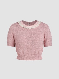 Cider Knit Round Neckline Solid Lace Trim Short Sleeve Crop Top | Knitwear Sale