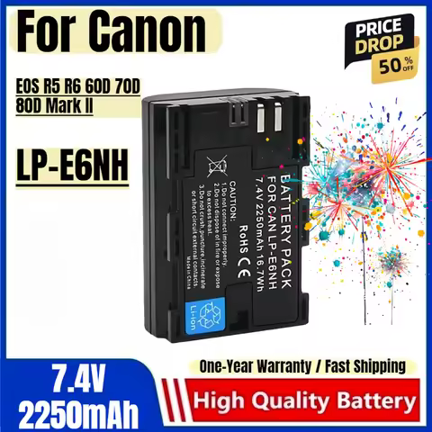 LP-E6NH Battery 7.4V 2250mAh Rechargeable Batteries and Charger for Canon EOS R5 R6 60D 70D 80D Mark