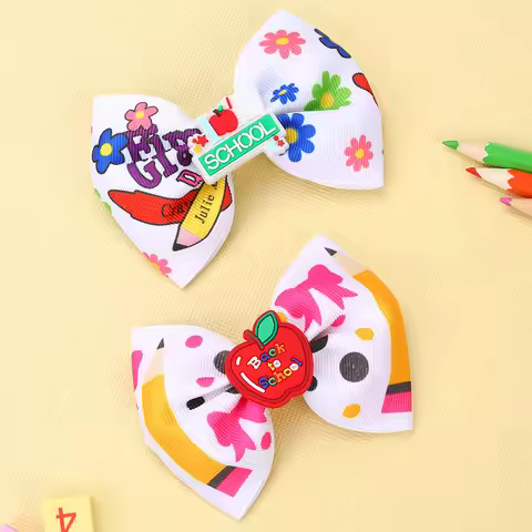 2pcs Back To School Hair Clips for Girls,Apple Bow Hair Clips Cute School Letter Alligator Clips Kid