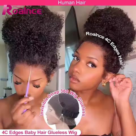 4C Edges Invisible String Snug Fit 360 Full Lace Glueless Frontal Wig With Drawstring Kinky Curly La