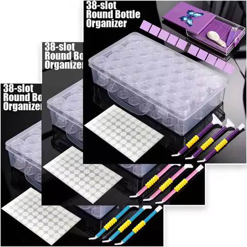 38 Slot Round Bottle Diamond Painting Storage Box Organizer with Tools Stickers for Beads Jewelry DI
