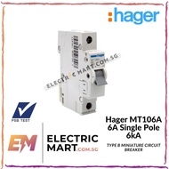 Hager MT106A 6A 1P Single Pole 6kA Type B Miniature Circuit Breaker (MCB)