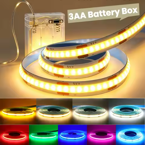 3AA Battery Box COB LED Strip Light 5V 8MM PCB 320LEDs/M High Density Flexible RA90 FOB Adhesive Tap