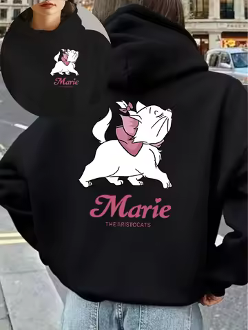 Women's Disney Marie Autumn and Winter Fleece Hooded Sweatshirt Unisex Streetwear Oversized Loose Ca