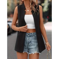 Xiaosongshu Women Office Lady Jacket Blazer Vest Solid Color Formal Suit Sleeveless Stand-up Collar Loose Coat Casual Summer