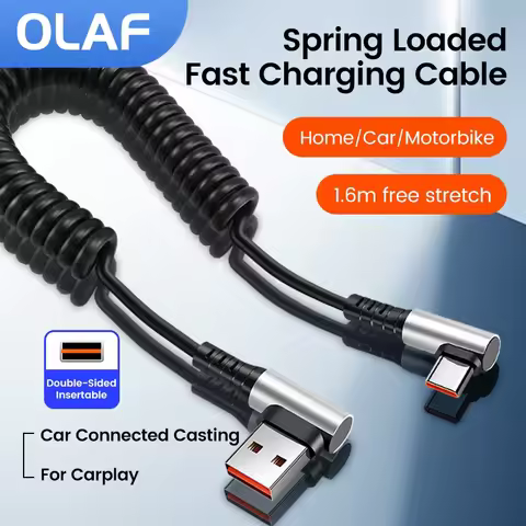 OLAF 6A USB Type C Data Cable 90° Elbow Car USB Spring PD Fast Charging Cable for iPhone 15 Sumsung 