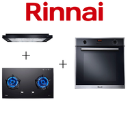 RINNAI RH-S329-PBR 90CM SLIMLINE HOOD WITH TOUCH CONTROL + RINNAI RB-72G 2 BURNER HYPER FLAME BUILT-IN GLASS HOB + RINNAI RO-E6206XA-EM 70L 6 FUNCTION BUILT-IN OVEN