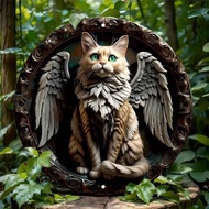 Retro Metal Cat Wall Art with LED Light Eyes - Winged Sculpture for Home Bar Cafe Decor