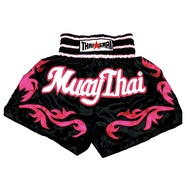 THAISMAI BS1154-1 กางเกงมวยไทย กางเกงมวย ผ้าต่วนดำ ปักมวยไทย THAI BOXING SHORTS BLACK SATIN MUAYTHAI