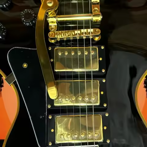 6 String LP00 Electric Guitar Gloss Black Gold Binding Triple Retro Vibrato Tailpiece Gold Hardware