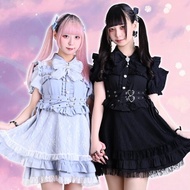 原創靜寂之夢愛心扣帶領結蕾絲拼接露肩地雷系短袖蛋糕洋裝JJ2495