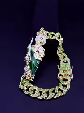 1 Piece Hip Hop Punk Rock Green Saint Jude St. Jude Cuban Chain Style Bracelet Religious Jewelry
